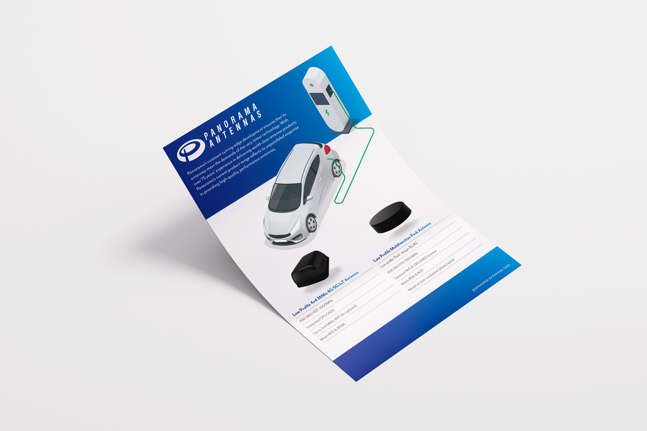 Panorama Antennas flyer showcasing antenna solutions for EV charging.