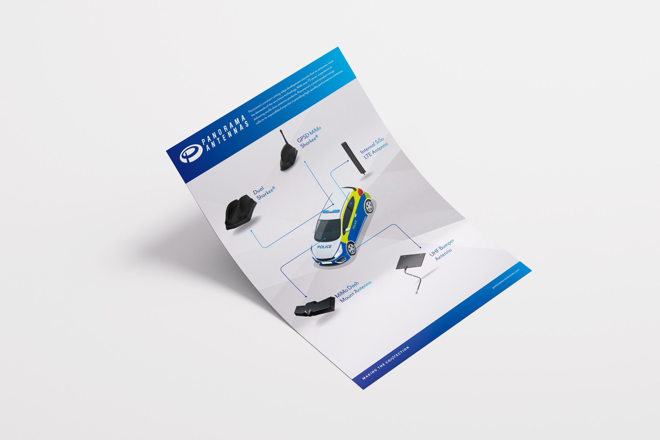 Panorama Antennas flyer showcasing public safety antenna solutions designed for police vehicles.