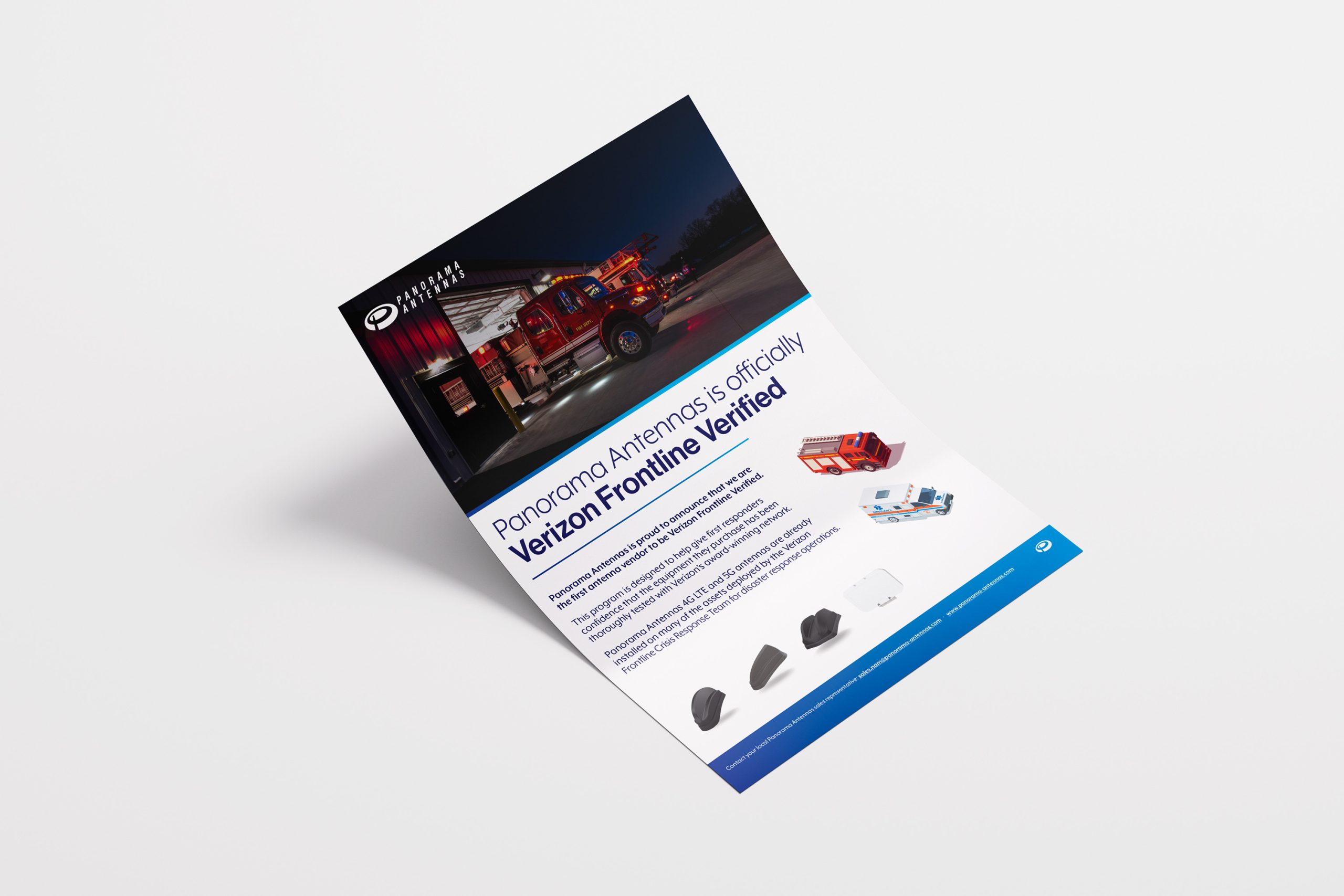 Panorama Antennas flyer mockup featuring Verizon Frontline Verified antenna solutions for first responders.
